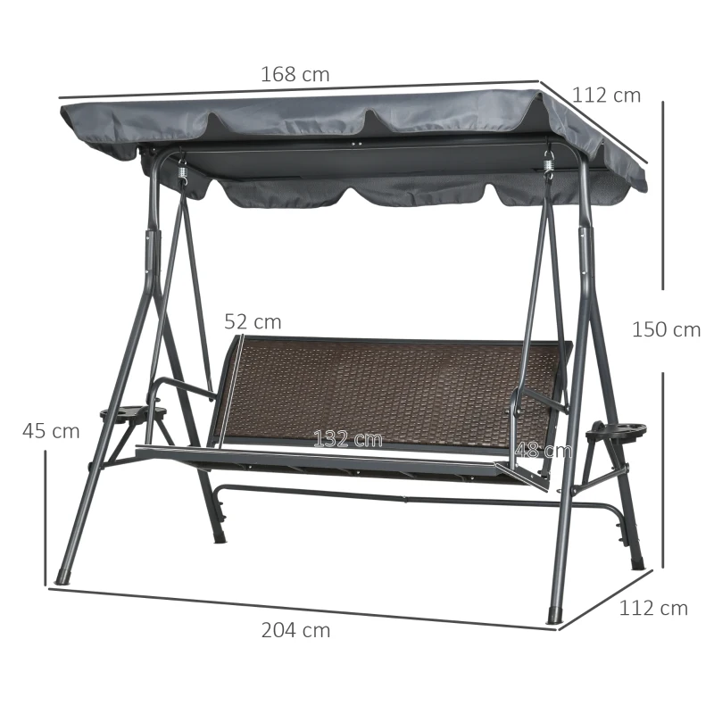 Outsunny Balansoar cu 3 Locuri, Balansoar de Gradina cu Copertina Ajustabila, Scaun din Ratan si Cadru de Otel(m-3)
