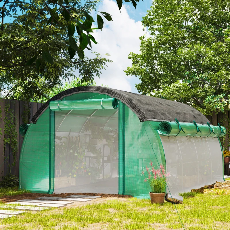 Outsunny Tunnel de film en polytunnel de 4 x 3 x 2 m avec filet pare-soleil, parois latérales enroulables, couverture en plastique, cadre en acier, vert