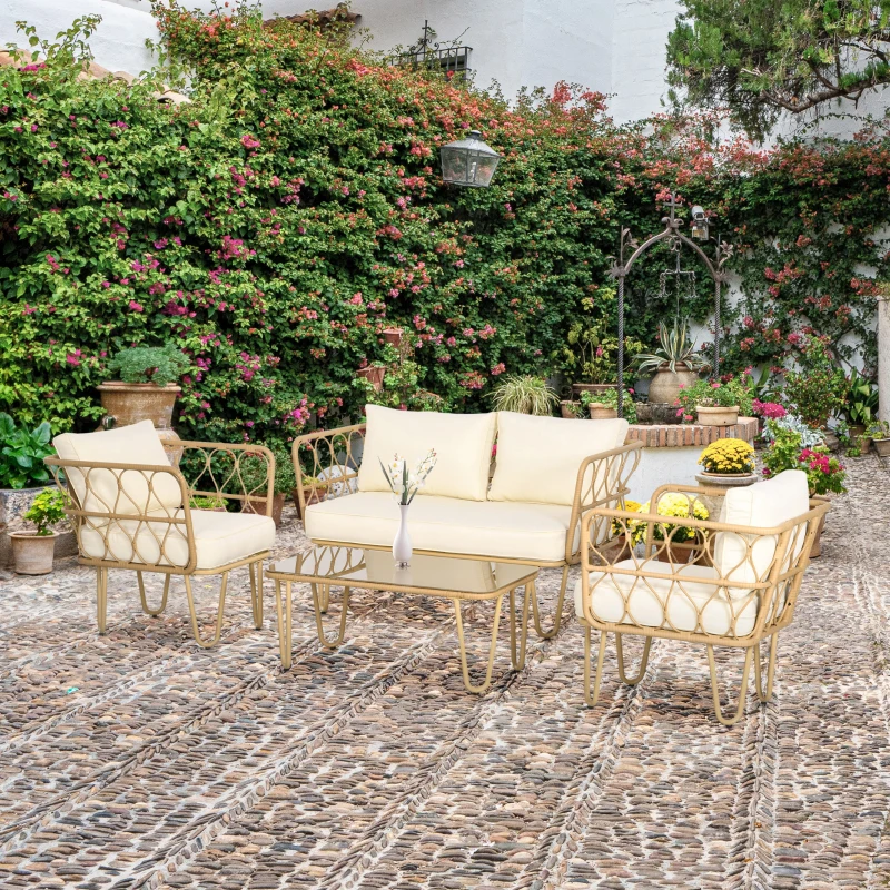 Outsunny Gartenmöbel-Set 2-Sitzer-Sofa + 2 Sessel + 1 Couchtisch mit Glasplatte 7 Kissen Beige