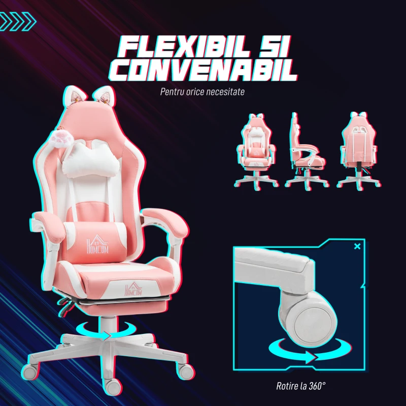 HOMCOM Scaun Gaming Ergonomic Roz cu Urechi Pisica