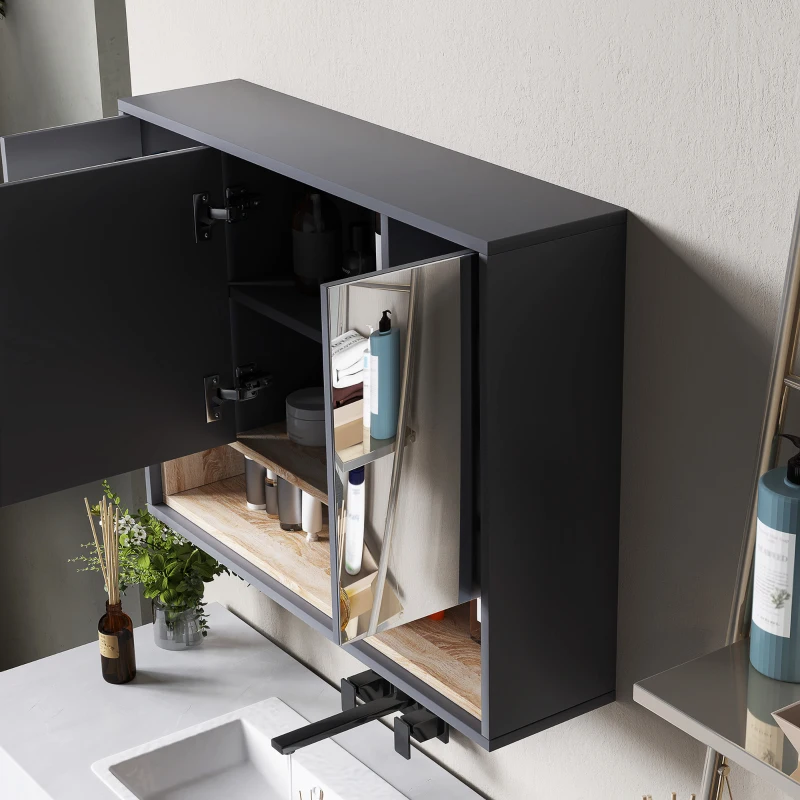 HOMCOM Badezimmerschrank mit Spiegel, Wandtoilettenmöbel mit 3 Türen und 8 Fächern, Grau