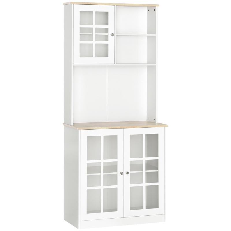 HOMCOM Küchenbuffet, Küchenschrank-Vitrine mit vielen Stauräumen, 3 Glasfronten mit Regal, 2 Fächer, große Arbeitsplatte, MDF weiß Eiche