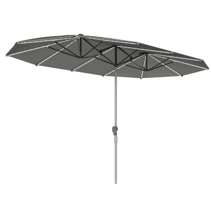 Outsunny Dubbele Parasol met Zonne-energie Verlichting, Aluminium, Polyester, UPF50+ Bescherming, UV-bestendig, Terras Parasol, Donkergrijs(m-10)