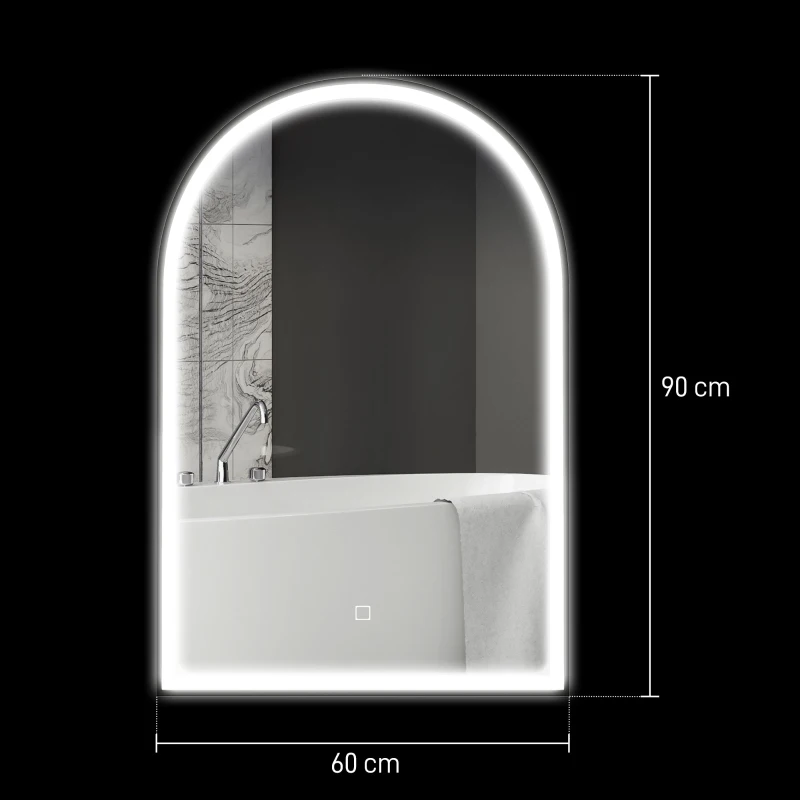 HOMCOM LED Badezimmerspiegel 90 x 60 cm, Wandmontage, 3 Farben, Bogenform, Aluminiumrahmen, Antibeschlag und Touchschalter
