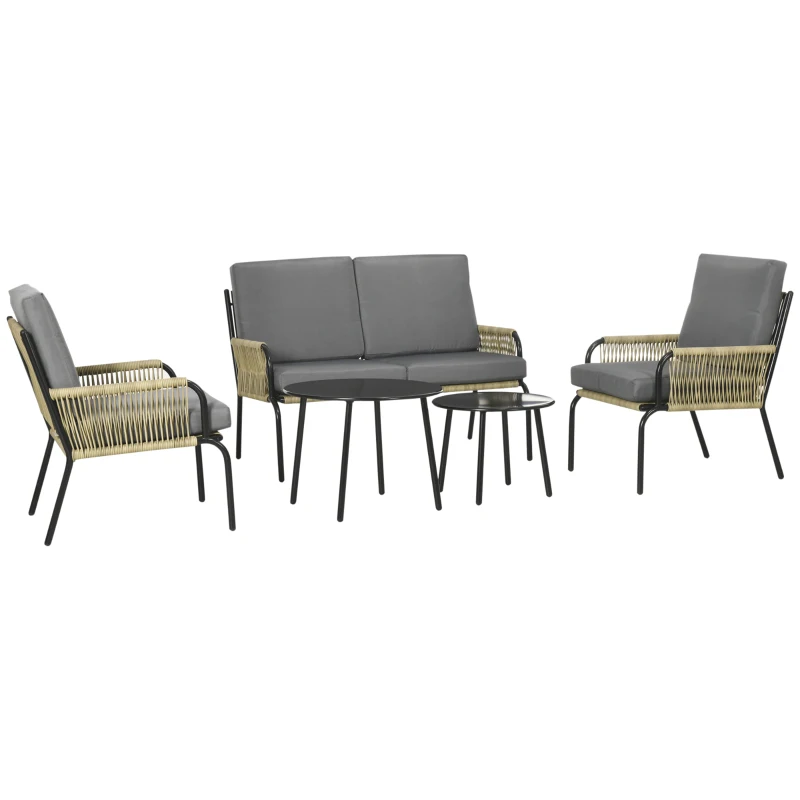 Outsunny Modulares Gartenmöbelset aus Polyrattan für 4 Personen, 5-teilig mit 1 2-Sitzer-Sofa, 2 Sesseln und 2 runden Kaffeetischen sand