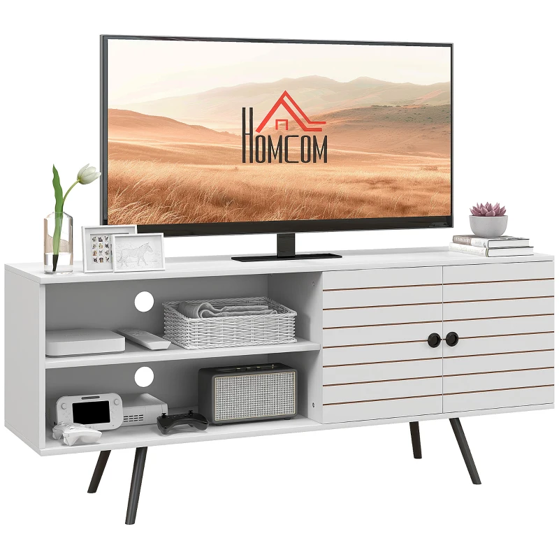 HOMCOM TV-Möbel für Fernseher bis zu 65 Zoll mit 2 offenen Fächern und 1 verstellbarem Regal 145x38x65 cm Weiß
