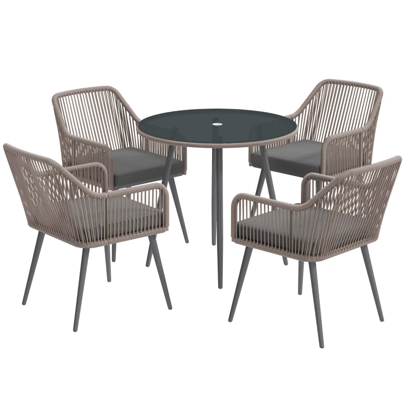 Outsunny 4 Seater Rattan Dining Set, Rattan Garden Furniture Set with Parasol Hole, Outdoor Dining Table and Chairs Set with Cushions, Round Glass Top Table for Patio, Balcony, Light Brown