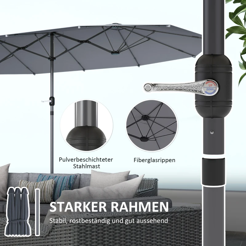 Outsunny Podwójny Parasol 436 x 260 cm, Parasol ze Stali z Ochroną UV i Korbką, Ciemnoszary