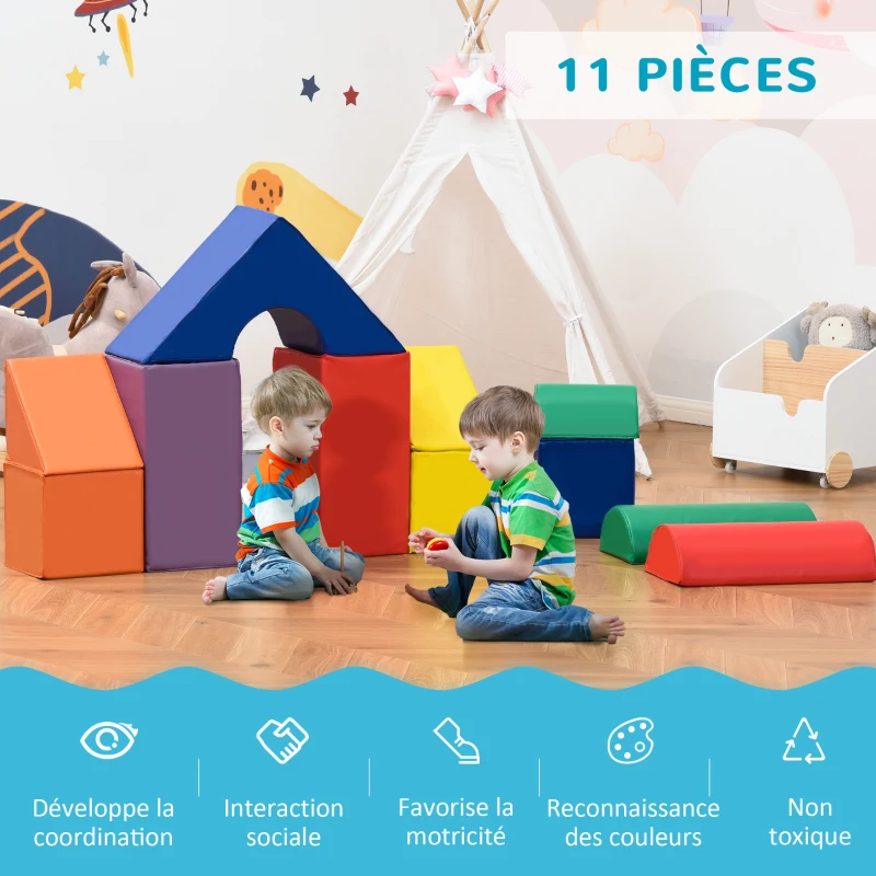 HOMCOM Parcours motricité bébé 11PCS, module motricité bébé en mousse EPE avec housse en revêtement synthétique, blocs mousse de construction, jouets éducatifs pour enfants de 1-3 ans, multicolore(m-4)