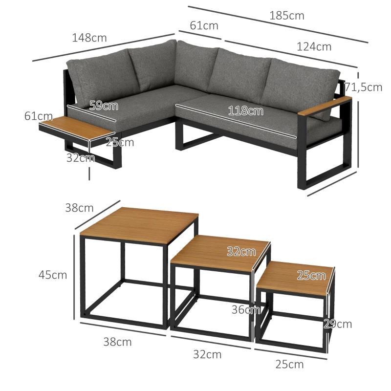 Outsunny Ensemble de mobilier de jardin 5 pièces pour l'extérieur, 148 cm x 61 cm x 71,5 cm, Gris + Nature