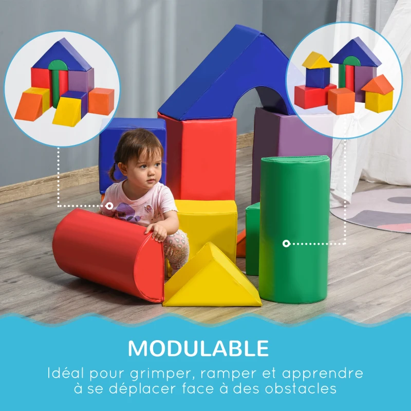 HOMCOM Parcours motricité bébé 11PCS, module motricité bébé en mousse EPE avec housse en revêtement synthétique, blocs mousse de construction, jouets éducatifs pour enfants de 1-3 ans, multicolore(m-5)