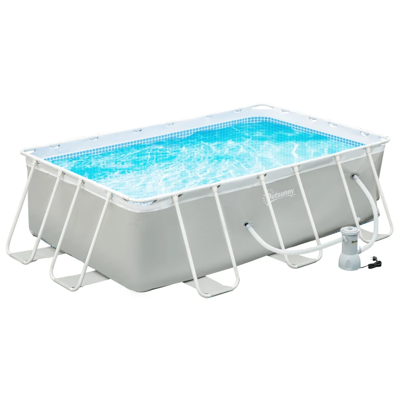 Outsunny Aufstellpool rechteckig mit Filter, Stahl und Kunststoff, Größe 340L x 215B x 80H cm, Hellgrau
