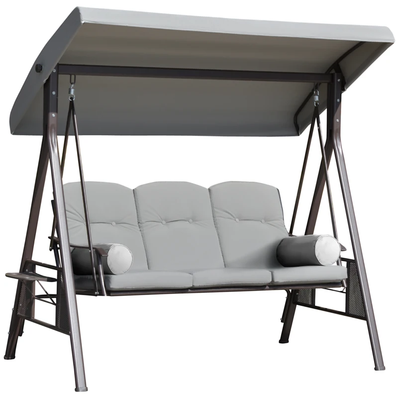 Outsunny Gartenliege für 3 Personen mit verstellbarem Dach, Kissen, Tabletts 116 x 206 x 183 cm Polyester Hellgrau