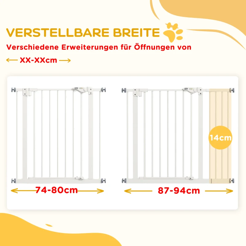 PawHut Bramka zabezpieczająca dla psów, bramka oddzielająca, bramka dla zwierząt domowych, Metal, Plastik, 74-80/87-94 cm, Biały