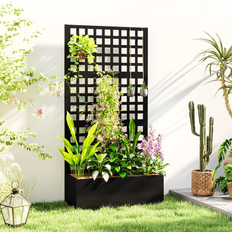 Outsunny Blumenkasten mit Gitter, Sichtschutz, erhöhtes Gartenbeet aus verzinktem Stahl, für Rankenpflanzen, 89x40x178cm, Schwarz