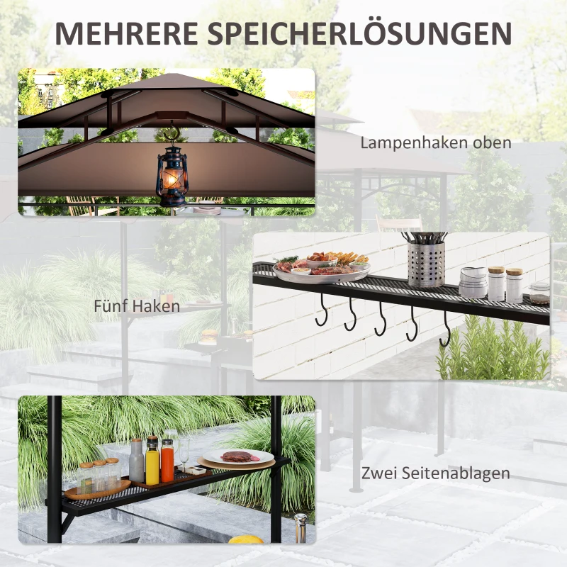 Outsunny Grillpavillon 242x149x248 cm wasserabweisend flammhemmend Gartenpavillon mit Doppelschichtdach Kaffee