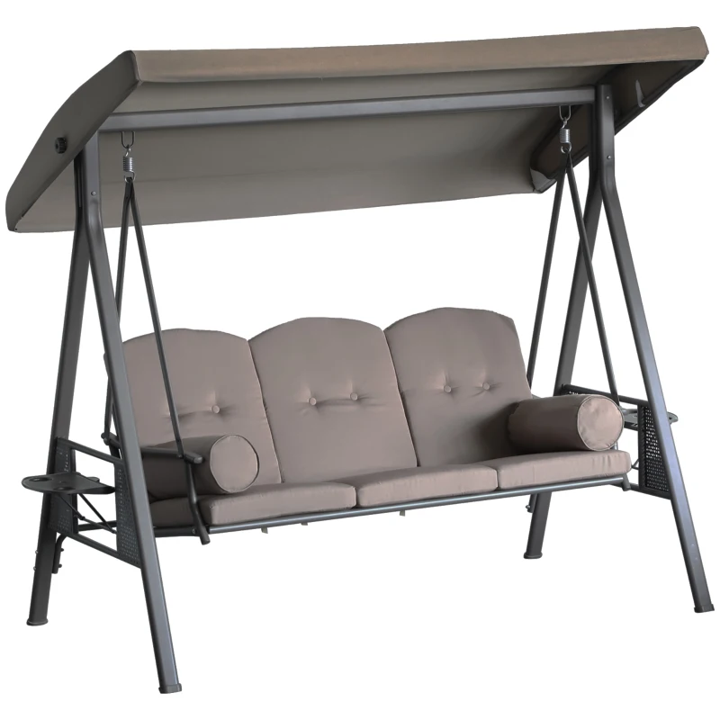 Outsunny Garten-Schaukel 3-Sitzer Großer Komfort Verstellbares Dach Kissen Ausziehbare Tablettspalten Gesponnenes Polyester Beige