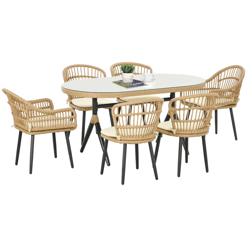 Outsunny Salon de Jardin 6 Personen Rattan PE Esszimmer-Set - 1 rechteckiger Tisch und 6 Stühle mit Kissen