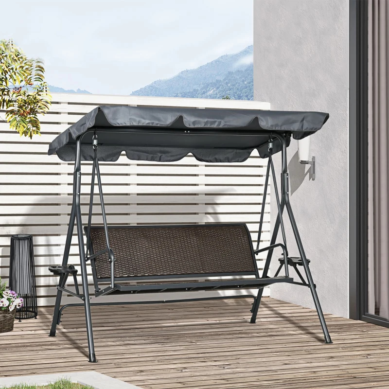 Outsunny Balansoar cu 3 Locuri, Balansoar de Gradina cu Copertina Ajustabila, Scaun din Ratan si Cadru de Otel(m-10)