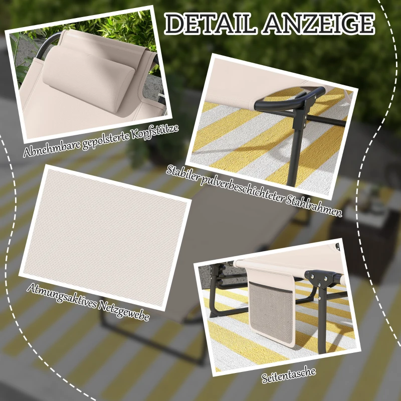 Outsunny Składany Leżak z 4-stopniową Regulacją Oparcia, Poduszką, Boczną Kieszenią, Zagłówkiem, 68 x 189 x 30 cm, Beżowy