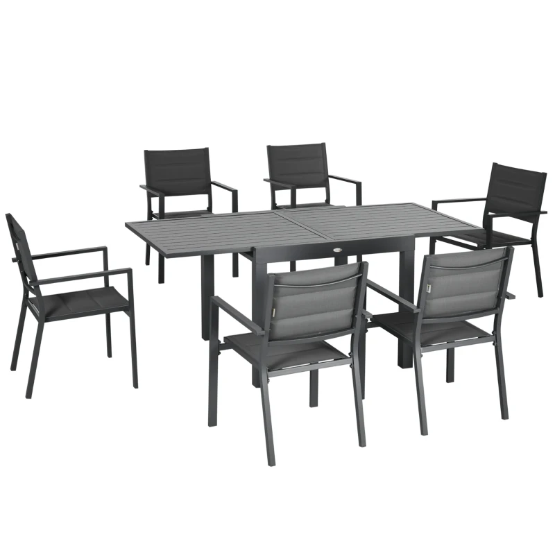 Outsunny Gartenmöbel-Set aus Aluminium und Textilene, ausziehbarer Tisch 90 bis 180 cm, 6 stapelbare Stühle, 4/6 Personen, dunkelgrau