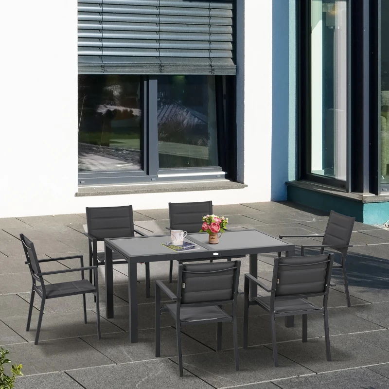 Outsunny Gartenmöbel-Set aus Aluminium und Textilene mit ausziehbarem Tisch und 6 stapelbaren Stühlen für 6 Personen Dunkelgrau
