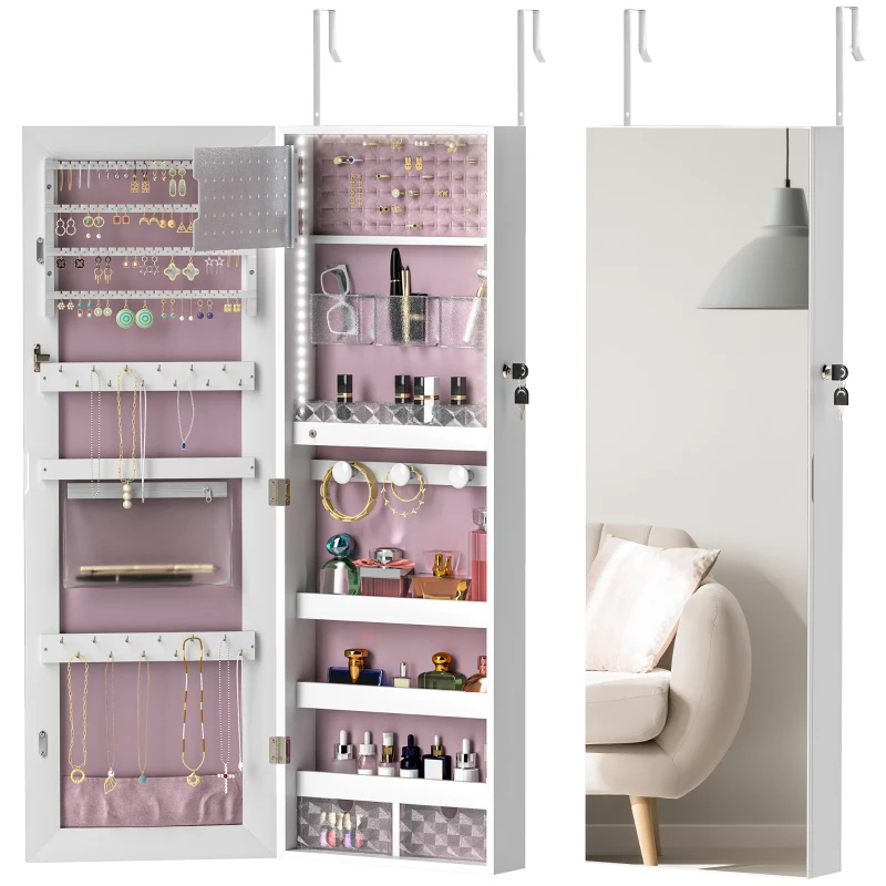 HOMCOM 108 x 37cm Lockable Jewellery Cabinet, with LED Lights - White Surface and Pink Lining
