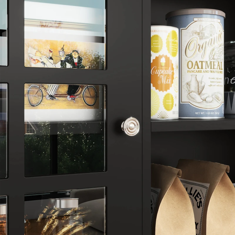 HOMCOM Küchenbuffet Küchenvitrine mit viel Stauraum, 3 Glastüren, Regalboden, 2 Fächer, großer Arbeitsplatz, MDF Schwarz Eiche