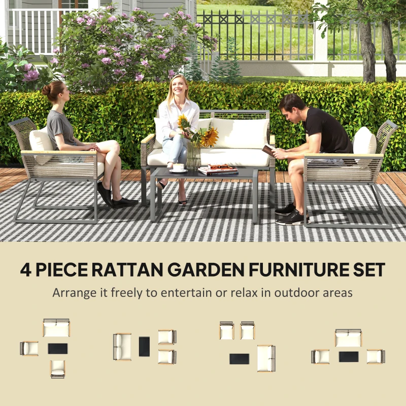 Outsunny Four Piece Wicker Rope Garden Furniture Set with Glass Top Coffee Table - Grey