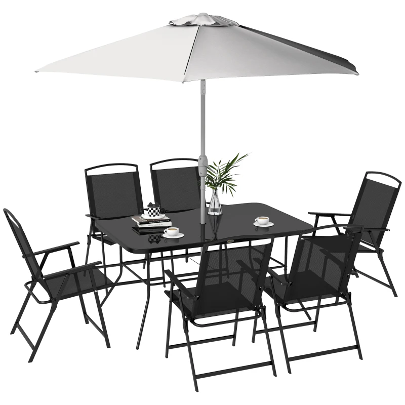 Outsunny Gartenmöbel-Set 8-teilig mit großem Sonnenschirm, Tisch und klappbaren Stühlen aus epoxybeschichtetem Stahl, Textilene, Polyester Schwarz