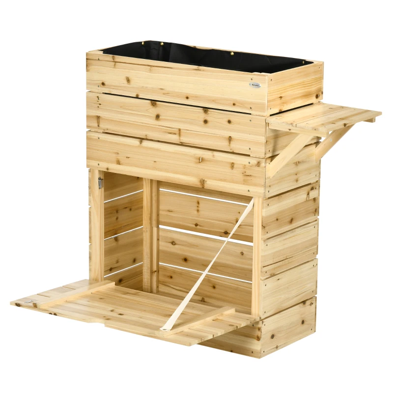 Outsunny Hochbeet mit Klapptisch und Stauraum, lackiertes Massivholz, Innenverkleidung aus Vlies, 105cm x 39,5cm x 105cm