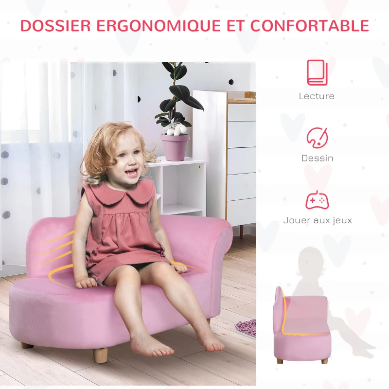 HOMCOM Fauteuil canapé méridienne pour enfant effet velours - 80 x 40 x 49 cm rose