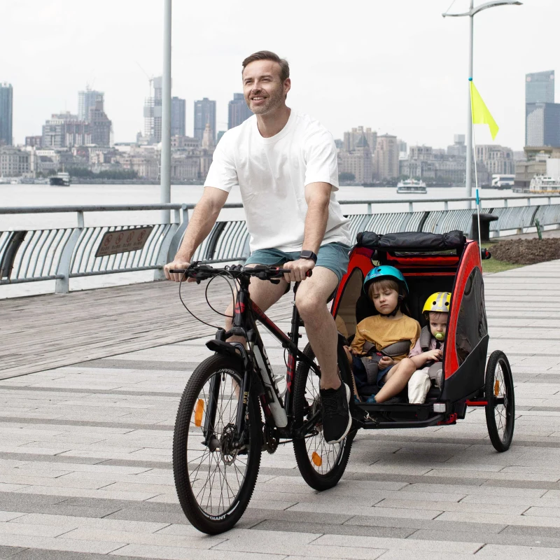 HOMCOM 3 en 1 Remorque Enfant Aluminium Poussette Jogger Vélo pour 2 enfants avec Drapeau Rouge+Noir 150 x 85 x 107 cm