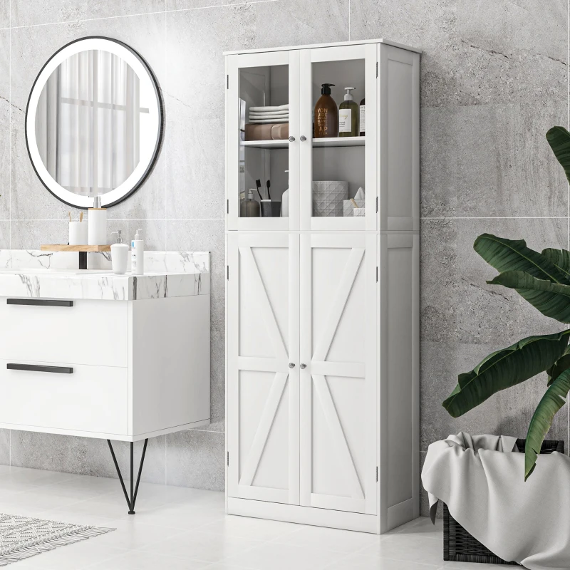 HOMCOM Badezimmerschrank, Aufbewahrungsschrank, mit Doppeltüren aus gehärtetem Glas, 60 x 30 x 160 cm, weiß
