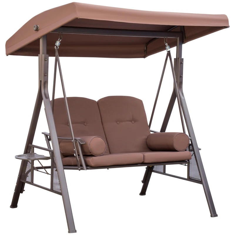 Outsunny Gartenliege für 2 Personen mit verstellbarem Sonnendach und Kissen aus Polyester-Spinnstoff Braun
