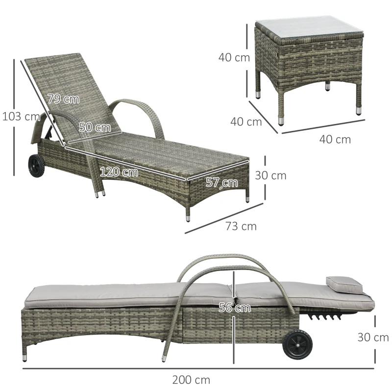 Outsunny Set mit 2 hochkomfortablen Sonnenliegen: Matratze, Kopfstütze, verstellbare Multi-Positionen, Armlehnen, Rollen + Couchtisch aus gehärtetem Glas Rattanharzgeflecht grau