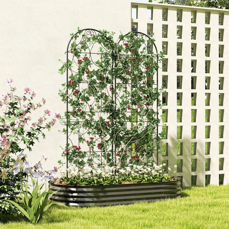Outsunny Kletterpflanzenstütze mit Muster Set mit 2 Garten-Treppengitter für Reben Blumen Gemüse aus Metall 50 x 180 cm schwarz
