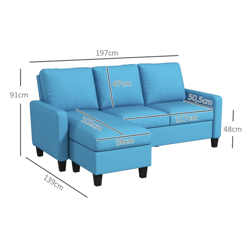 HOMCOM Ecksofa 3-Sitzer mit beidseitig umsetzbarer Chaiselongue für Wohnzimmer, Büro, Apartment blau