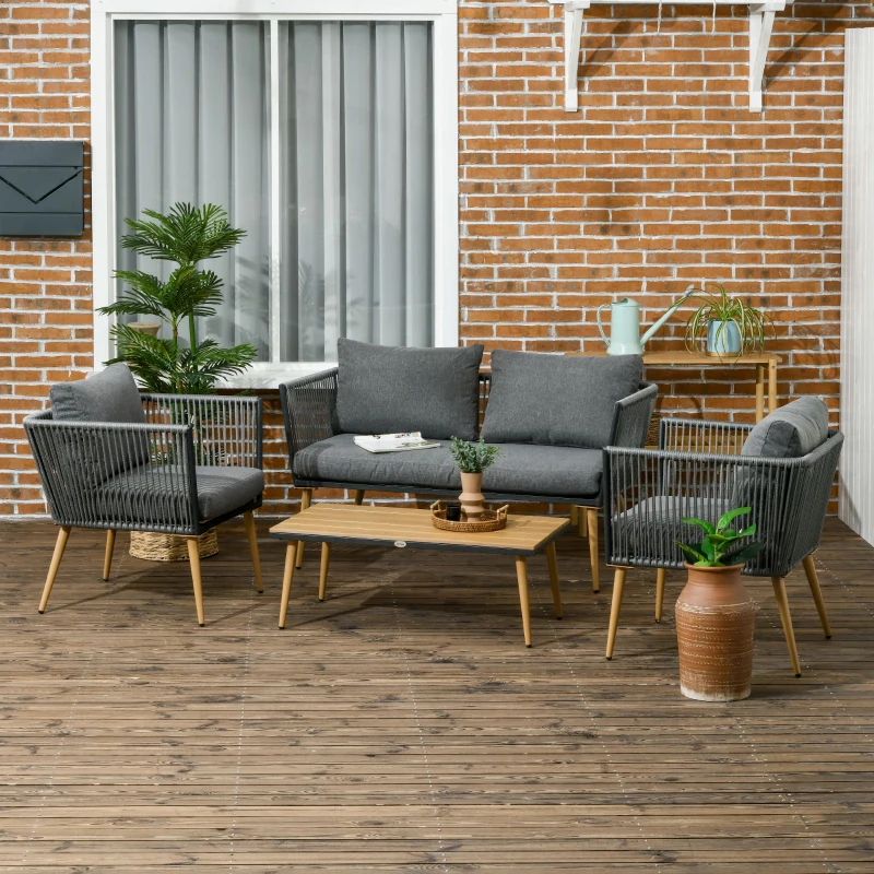 Outsunny Gartenmöbelset aus Polyrattan für 4 Personen mit 1 Zweisitzer-Sofa, 2 Sesseln und 1 Couchtisch 7 Kissen inklusive grau