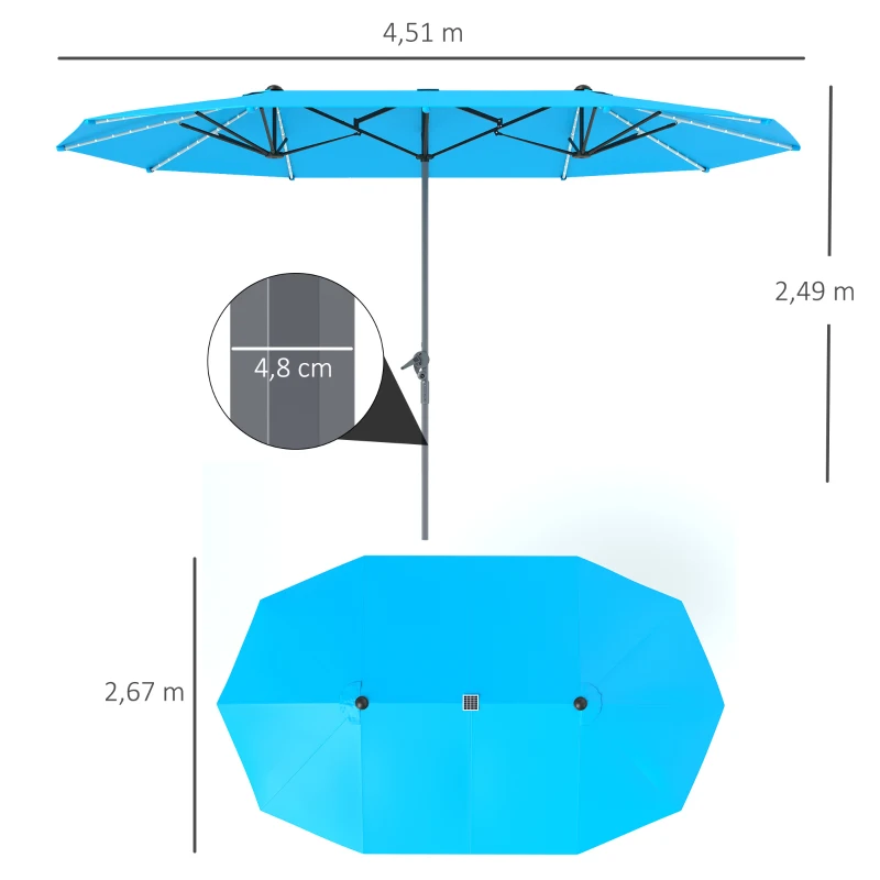 Outsunny Dubbele Parasol met Zonne-energie Verlichting, Aluminium, Polyester, UPF50+ Bescherming, UV-bestendig, Terrasparasol, Blauw(m-3)