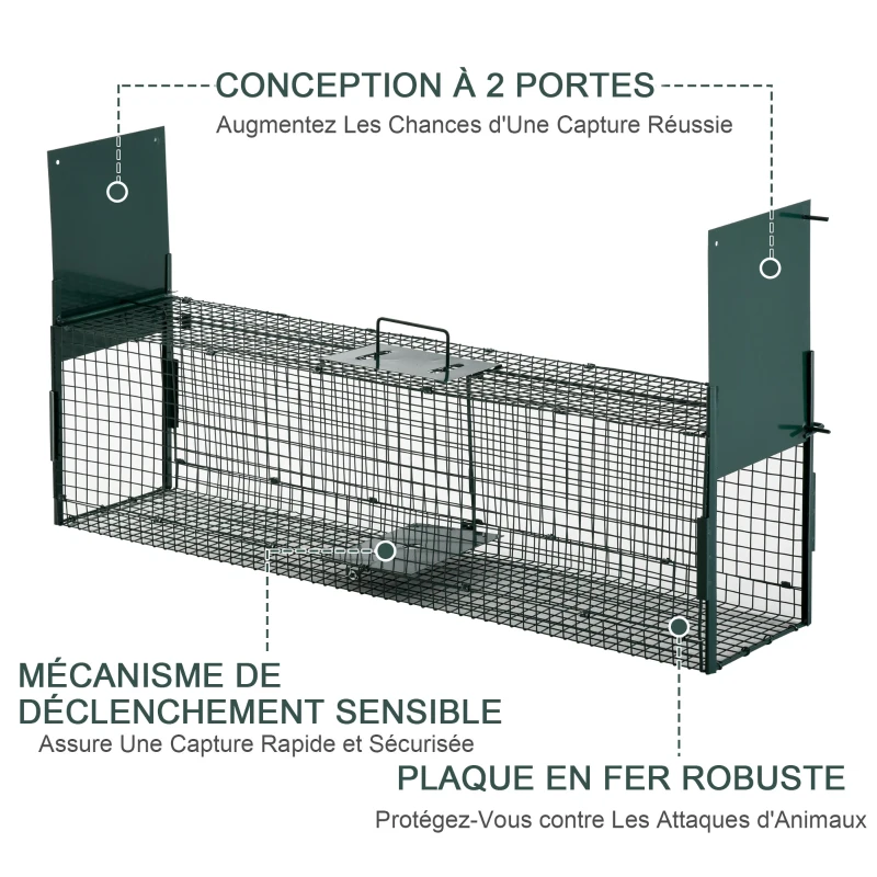 PawHut Piège Vivant Cage Attrape 100 x 25 x 28 cm Piège Fouine pour Martres, Rats, Souris - 2 entrées + poignée - métal vert