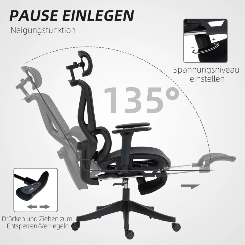 HOMCOM Fauteuil de bureau ergonomique, inclinable à 135 degrés, ajustable, Noir