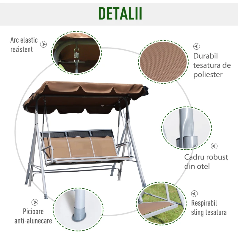Outsunny Balansoar de Gradina 3 Locuri Schelet in Metal Maro 171x108x154cm(m-5)