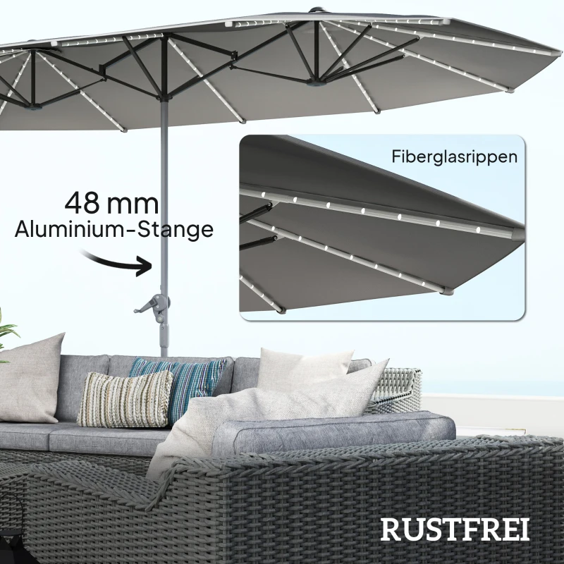 Outsunny Dubbele Parasol met Zonne-energie Verlichting, Aluminium, Polyester, UPF50+ Bescherming, UV-bestendig, Terras Parasol, Donkergrijs(m-6)