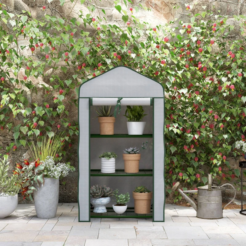 Outsunny Garten-Gewächshaus 3 Etagen Maße 59L x 39B x 127H cm pulverbeschichteter Metallrahmen Grün Hochdichtes PE 140g/m² Weiß