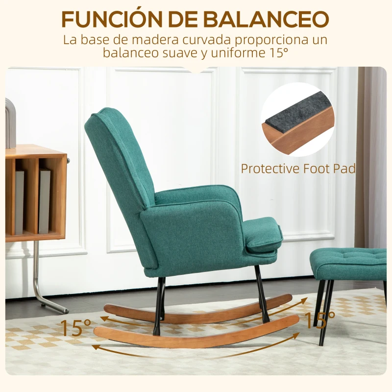 HOMCOM Silla Mecedora con Reposapiés Cojín Acolchado y Reposabrazos Carga 130 kg Verde Azulado