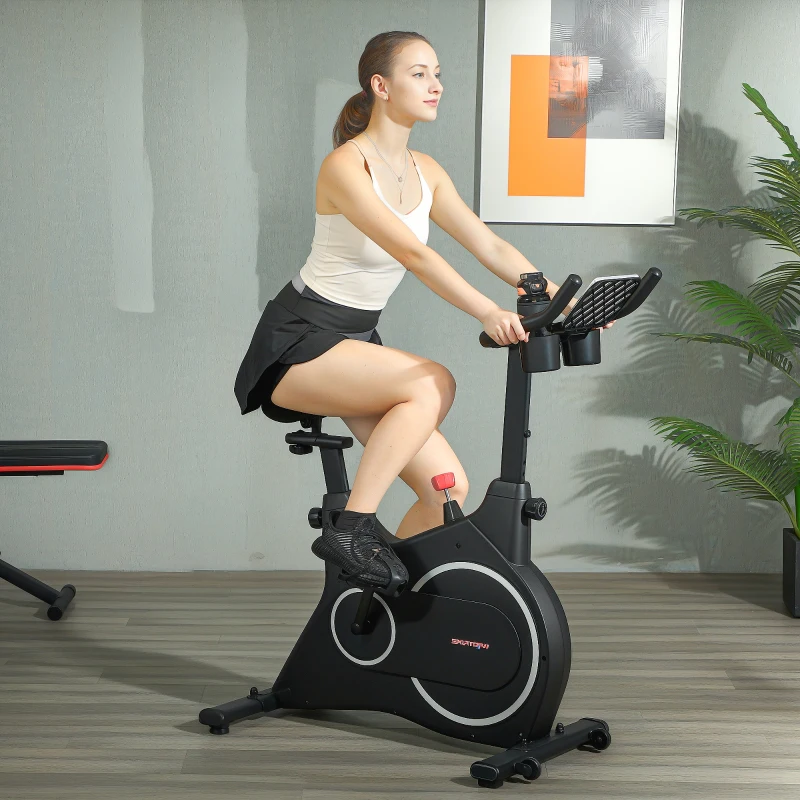 SPORTNOW Vélo d'appartement, vélo de fitness avec écran LCD, support pour tablette, porte-bouteilles, siège confortable, compact, noir