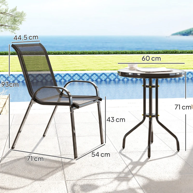 Outsunny 3-teiliges Outdoor-Gartensalon Möbelset 2 stapelbare Sessel Glastisch gehärtetes Glas Schwarz