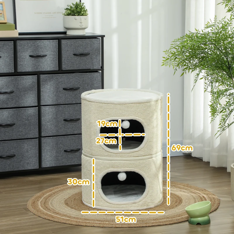 PawHut Modularer Katzenturm Kratzbaum separater Reißverschluss 3 Ebenen Kratzmatte Ø 51 x 69 cm Creme