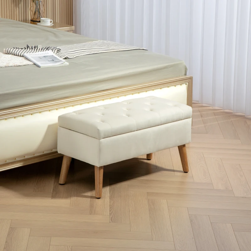 HOMCOM Aufbewahrungsbank Truhe samtartiger Stoff Gummibaumholzbeine max. 120 kg 80 x 35 x 40 cm, Creme